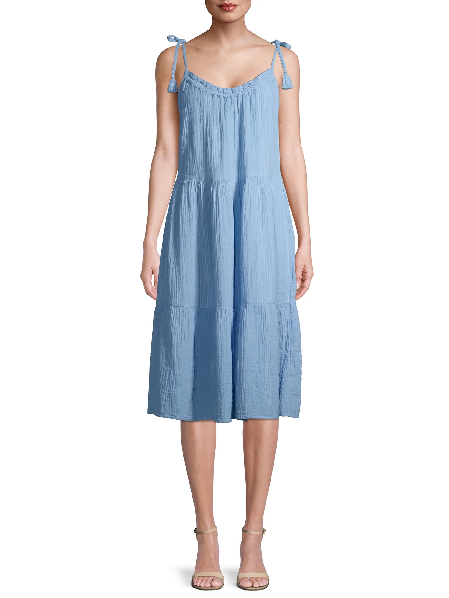 Time and Tru Women's Tiered Tie Sleeve Midi Dress | Walmart (US)