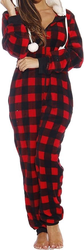 Just Love Buffalo Plaid Adult Onesie Sherpa Lined Hoody One Piece Pajamas | Amazon (US)