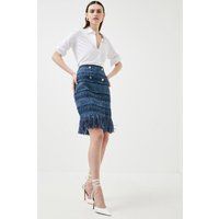 Karen Millen Signature Italian Fringed Tweed Pencil Skirt -, Blue | Karen Millen UK & IE