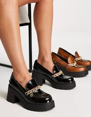 ASOS DESIGN Spicy chunky mid heeled loafers with chain in black | ASOS (Global)