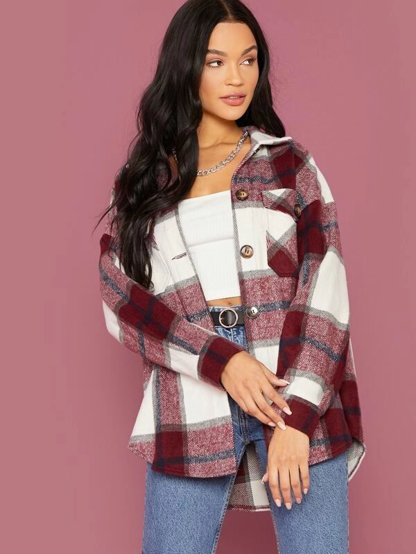 SHEIN Single Breasted Flap Pocket Front Plaid Coat | SHEIN