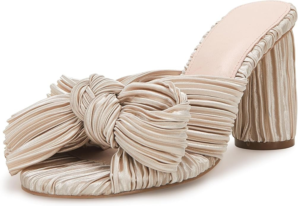 VETASTE Women's Pleated Bow Knot Heeled Sandals Comfortable Slip On Open Toe Block Chunky Heel Sl... | Amazon (US)