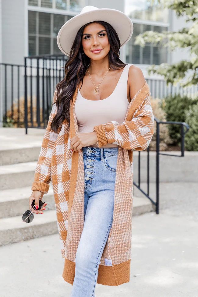 Be The First Tan Plaid Long Cardigan FINAL SALE | Pink Lily