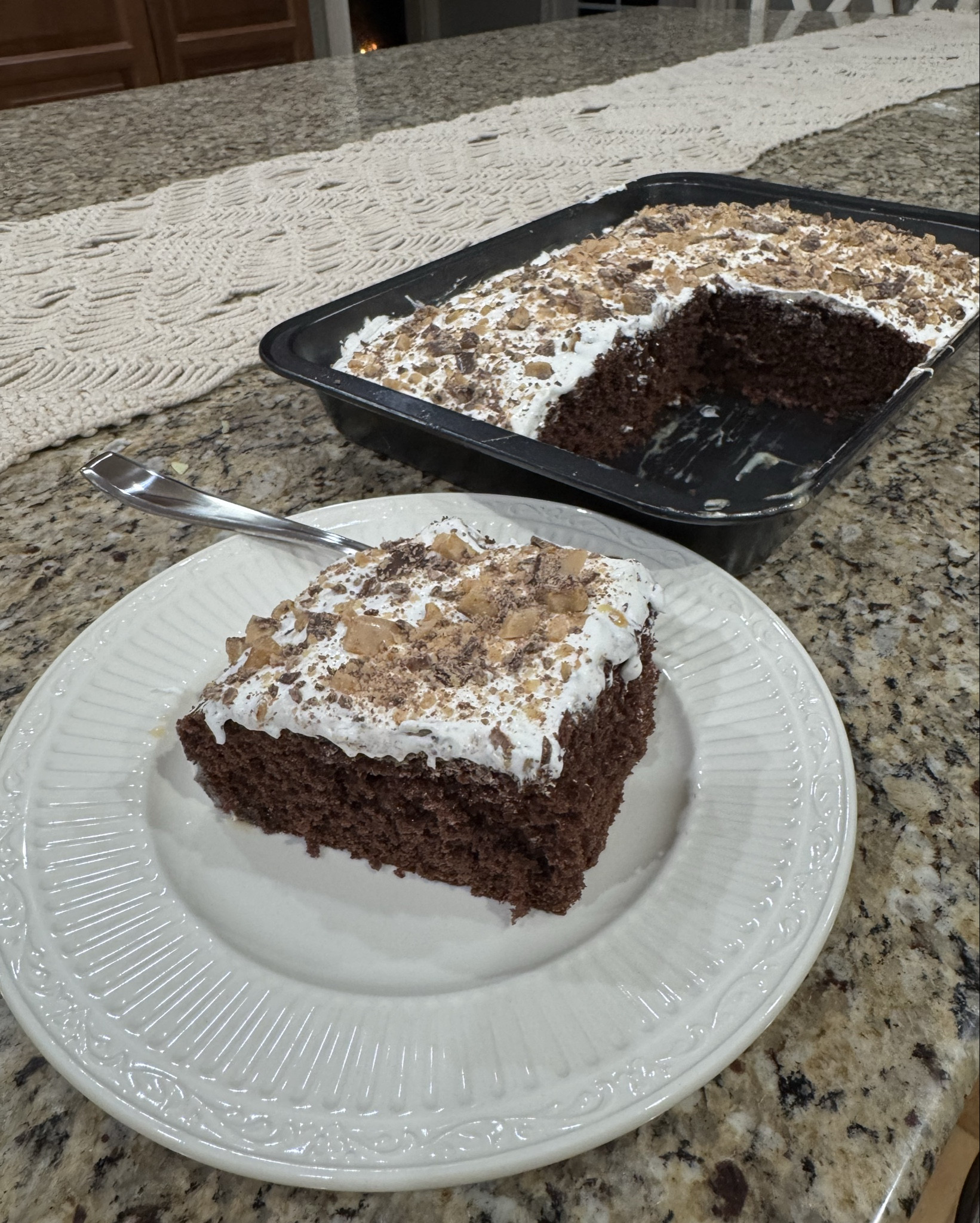 better than sex cake 🤤

I hadn’t made this in years and let me tell you it did not disappoint! I’d never made it for the boys or Brandon before and they all loved it 🤎

It’s soooo easy and a great easy dessert to bring to someone’s house or for the holidays, or just a random winterey January day. 
Idk bout yall but something bout winter makes me wanna bake something 🍰

Recipe:
Devils food cake mix (cook as instructed on box)
When done, use a fork (or even a chopstick or kabob stick) and poke holes all over the top through the cake. 
Pour jar of smuckers caramel sauce over top the cake (filling those holes) 
Pour can of condensed milk on top 
Put cake in the fridge for atleast 2 to 3 hours to let the milk and caramel really set into the cake 
Then add cool whip over the top 
Finish off with crushed heath bar sprinkled over the top 

This cake is so moist and decadent. It gets even better the longer you let it set. I baked this this afternoon and it we couldn’t wait until tomorrow to try and it was already perfection…. But tomorrow it’ll taste even better when the cake really absorbs everything 🫶

This would also make for a great date night dessert or even for a night in on Valentine’s Day! ♥️

#LTKfoodie #LTKmomlife #LTKValentine