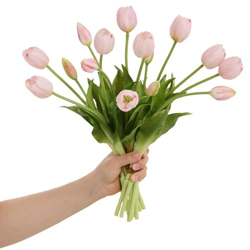 Amore Florals 15 Pcs Light Pink Tulips Artificial Flowers Faux Tulips Real Touch Latex Fake Flower Bouquet for Spring Wedding Home Décor Centerpiece Arrangements | Amazon (US)
