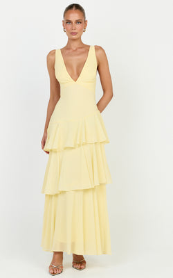 Beryl Midi Dress - Deep V Neck Sleeveless Layered Dress in Lemon | Showpo (US, UK & Europe)