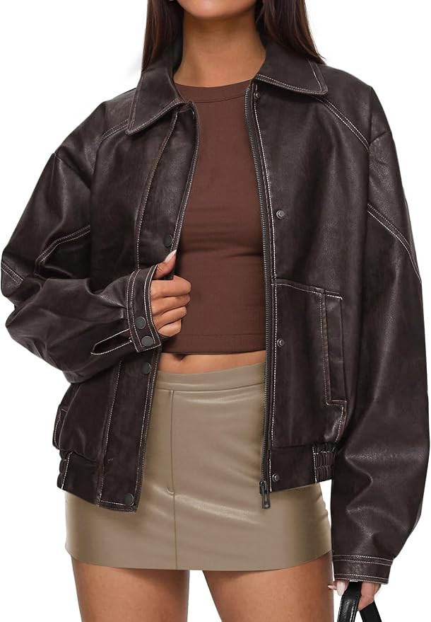 PRETTYGARDEN Faux Leather Jacket Women Bomber Motorcycle Zip Up Jackets Oversized Fall Fashion Ou... | Amazon (US)