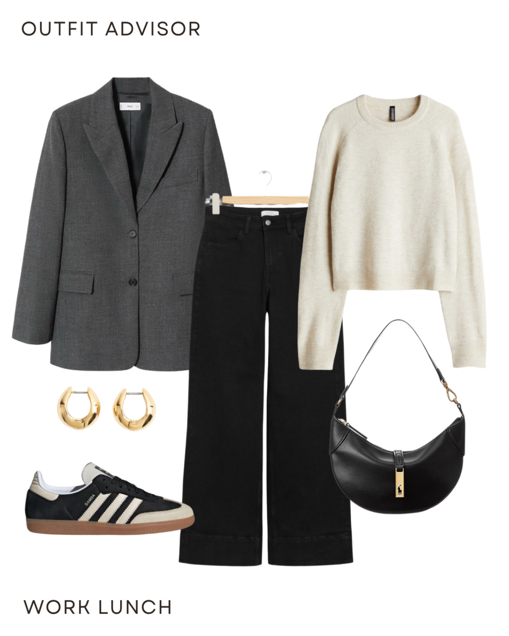 Casual workwear for autumn/ autumn grey blazer, cream knit jumper, black wide leg jeans, a ralph lauren shoulder bag, adidas samba sneakers and gold earrings 

#LTKautumn #LTKshoes #LTKstyletip