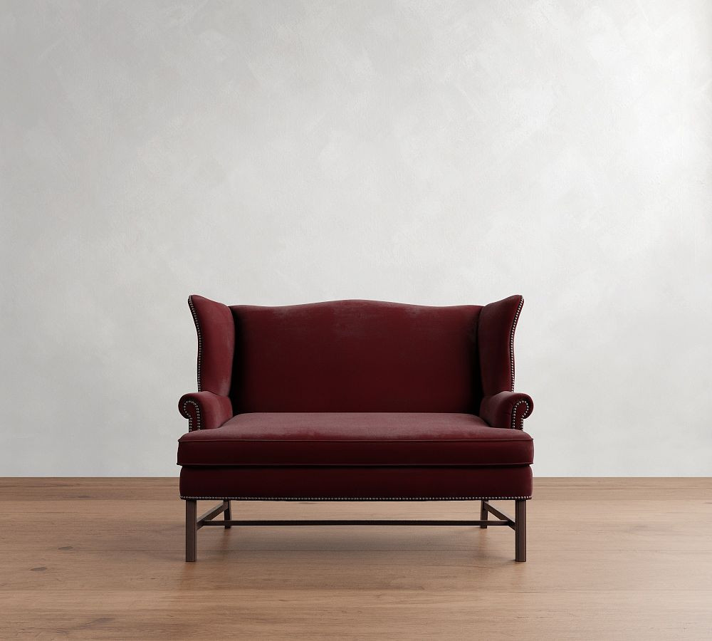 Thatcher Upholstered Settee, Polyester Wrapped Cushions, Faux Mohair Velvet Merlot | Pottery Barn (US)