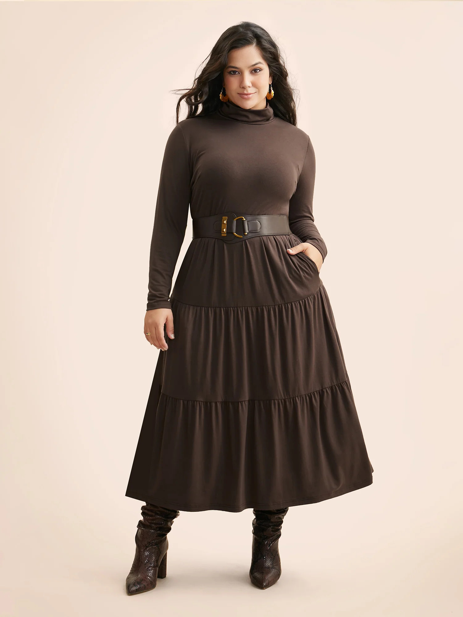 Supersoft Essentials Funnel Neck Tiered Midi Dress | Bloomchic