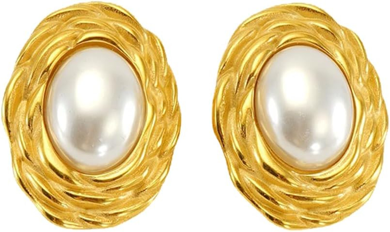 Oval Pearl Stud Earrings for Women Stainless Steel Twisted Freshwater Pearl Studs Earrings Jewelr... | Amazon (US)