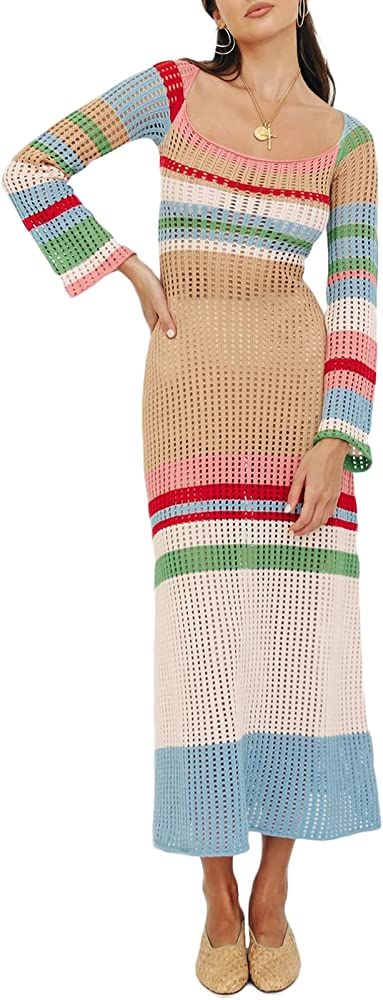 Sunloudy Womens Crochet Colorblock Knitted Dress Long Sleeve Hollow Out Square Neck Halter Short ... | Amazon (US)