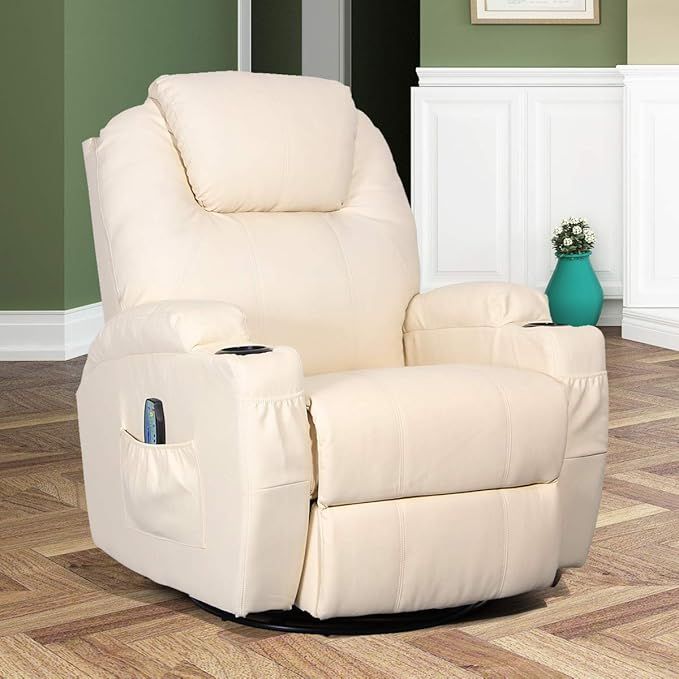 Esright Massage Recliner Chair Heated PU Leather Ergonomic Lounge 360 Degree Swivel (Cream) | Amazon (US)