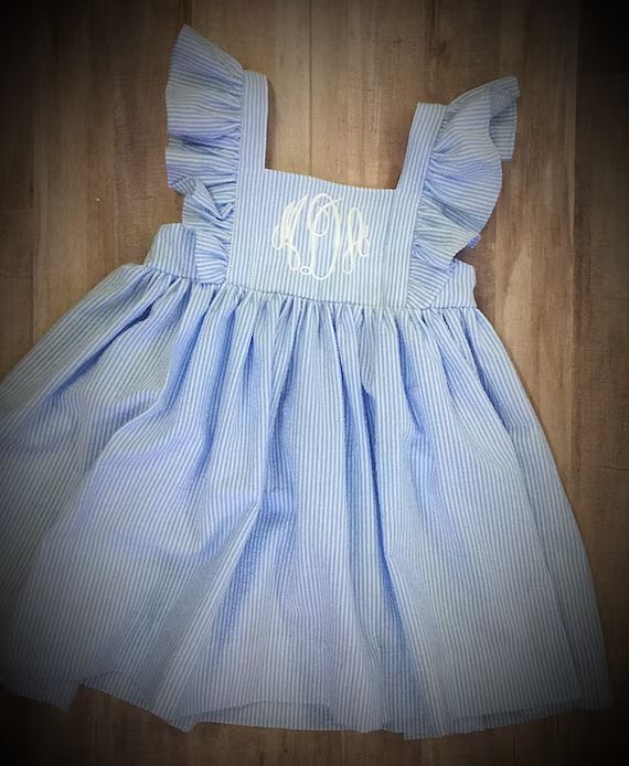 Seersucker Ruffled  Kate Dress with monogram for Girls and Toddlers | Etsy (US)
