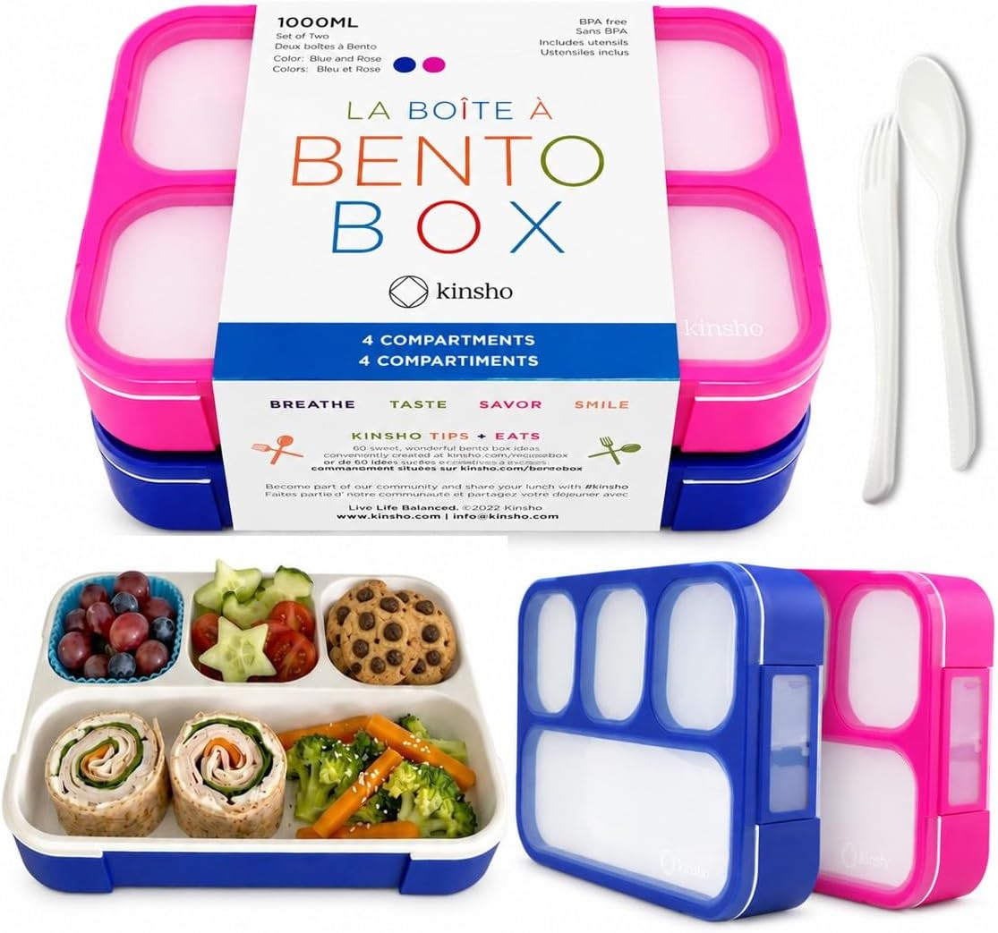 Bento Lunch-Box for Kids and Adults: Leakproof Lunch Boxes with 4 Compartments, Divided Containers for Boys Girls Women Men - School Work Portion Container, Utensils, Blue + Rose Pink Set | Amazon (US)