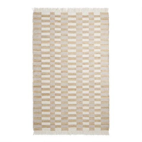 Vale Ivory and Gray Checkerboard Stripe Jute Blend Area Rug | World Market