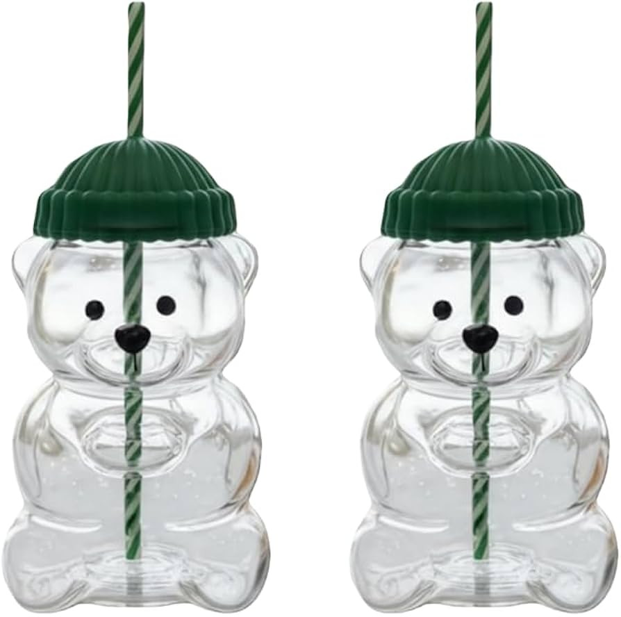 2025 Bear-Shaped Glass Cups 20oz with Straws & Green Lids, Cute Mugs for Coffee, Juice, Cocktail,... | Amazon (US)