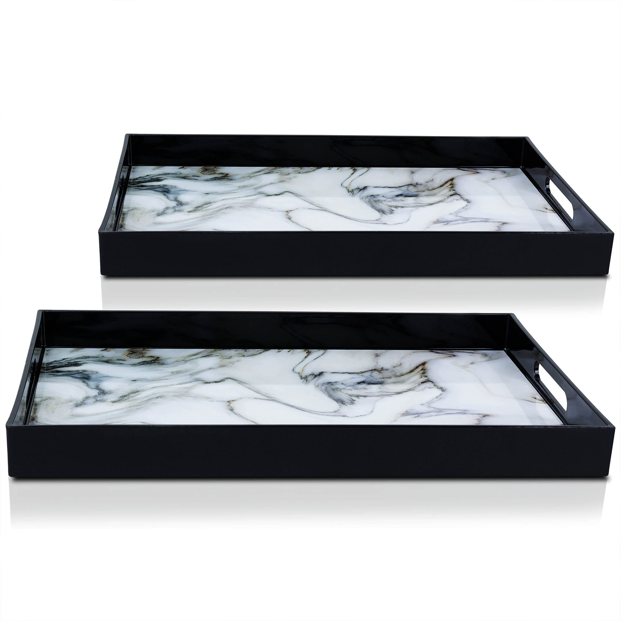 Large Ottoman Tray-Set of 2-Faux Marble Coffee Table Tray with Black Accents-White Marble Veins-Scra | Amazon (US)