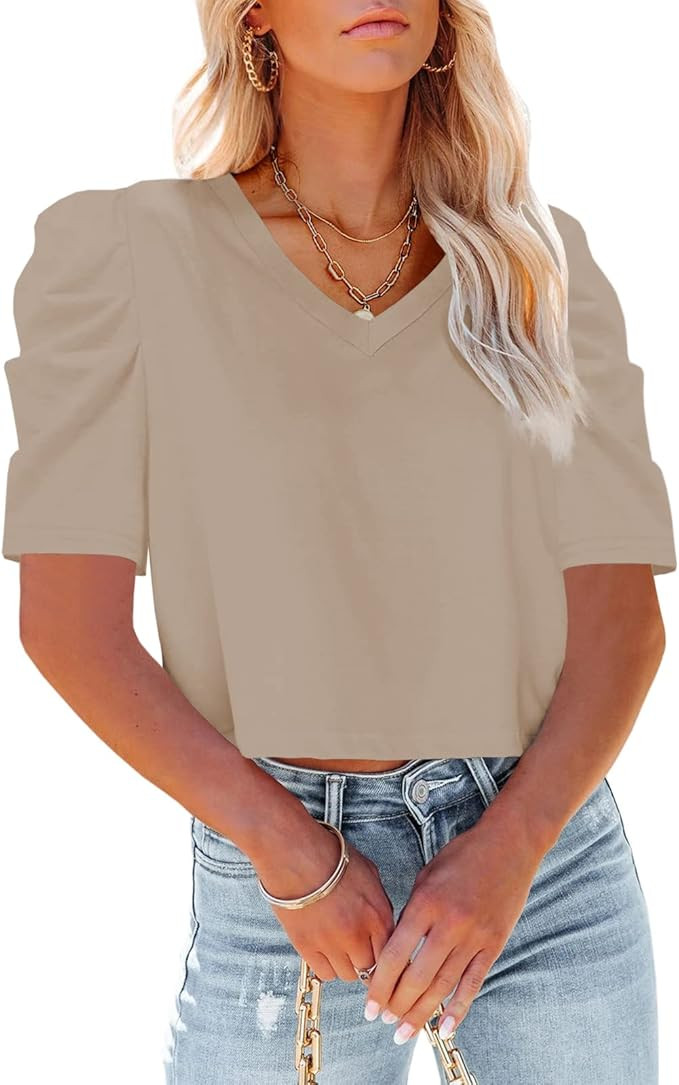 Tankaneo Womens V Neck Cropped T Shirts Casual Summer Crop Tops Half Sleeve Solid Color Crop Bais... | Amazon (US)