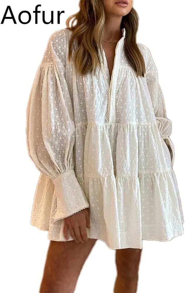Aofur Summer Cotton V Neck Long Losse Sleeve Casual Party A-Line Dresses Embroidery Short Dress | Amazon (US)