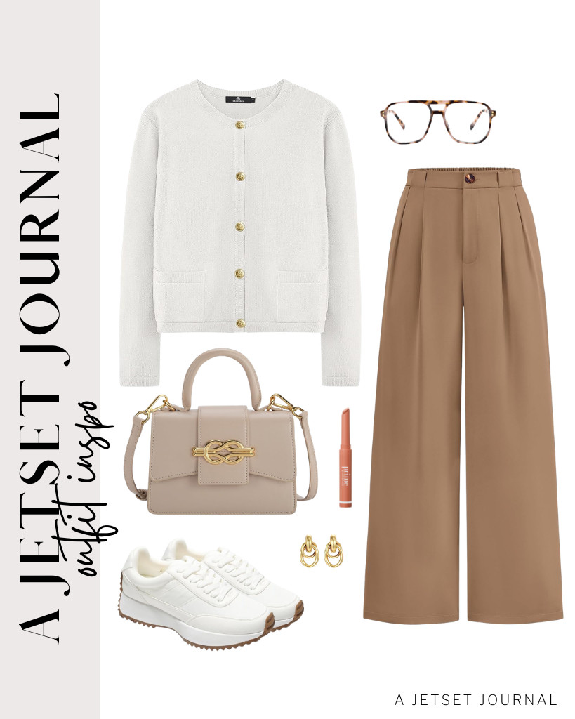 Our first outfit features a cozy button-down cardigan, paired with KIRUNDO wide-leg dress pants. For footwear, you can wear Project Cloud memory foam sneakers. Also, this Milan Chiva complements the look nicely. 

 #LTKSeasonal #LTKSaleAlert #LTKTravel
