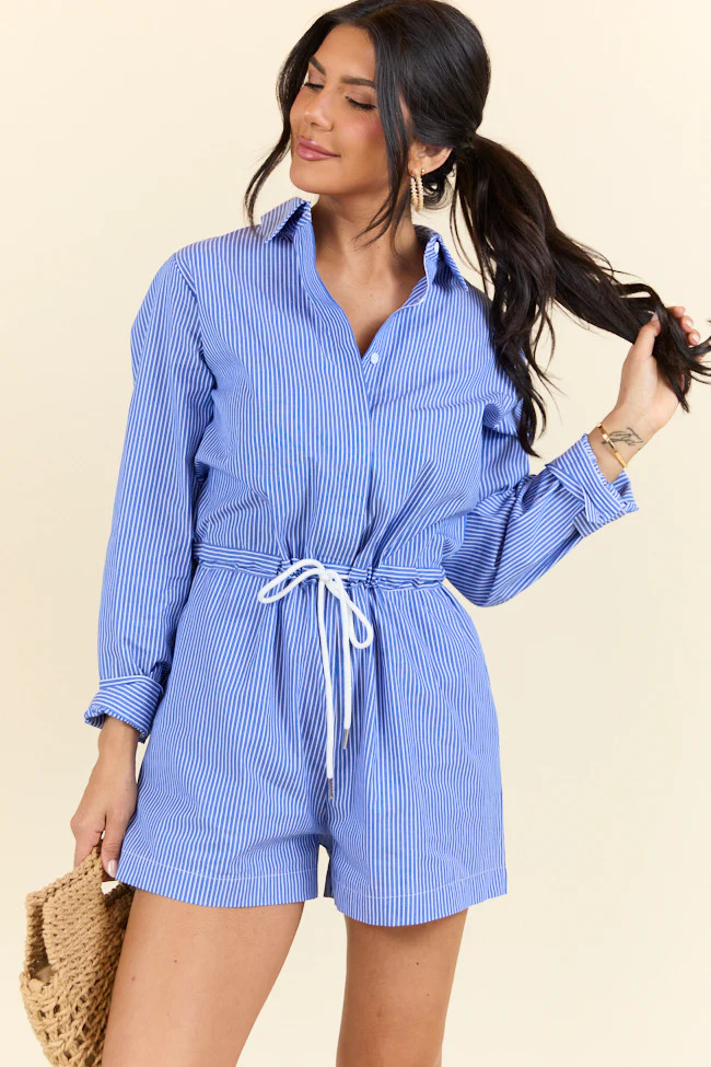 Days Off Blue Stripe Collared Romper | Pink Lily