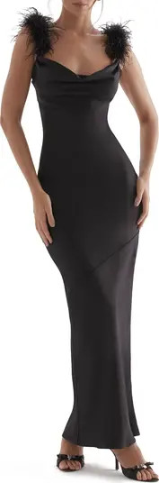 Tabitha Feather Trim Matte Satin Sheath Gown | Nordstrom