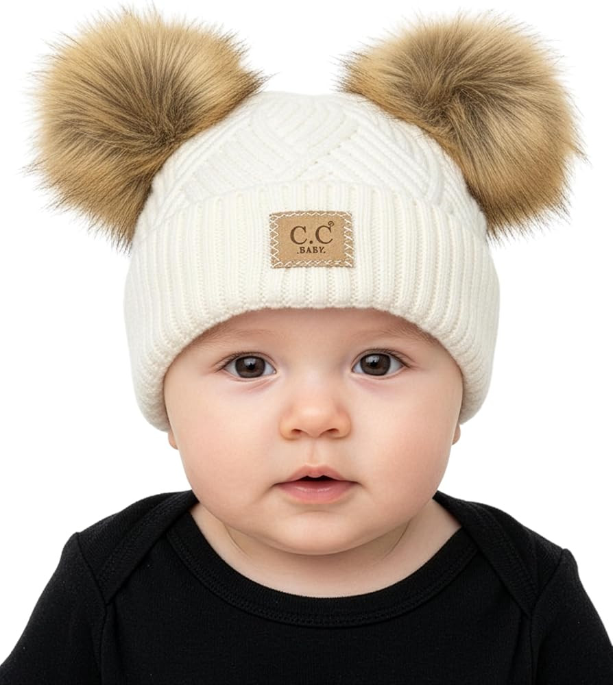 Funky Junque Double Pom Pom Baby Beanie – Newborn Girl Winter Hat 0–12 Months, Cute Cozy Knit... | Amazon (US)