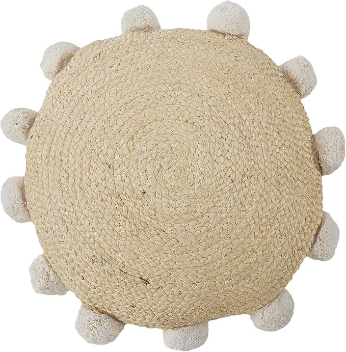 LR Home Round Natural Jute Pom Border Throw Pillow, 20" x 20", Tan | Amazon (US)