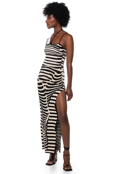 HELENA KNIT BODYCON MAXI DRESS in black white | AKIRA