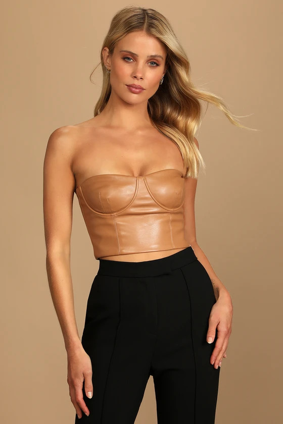 Date Night Pick Tan Vegan Leather Bustier Strapless Crop Top | Lulus (US)