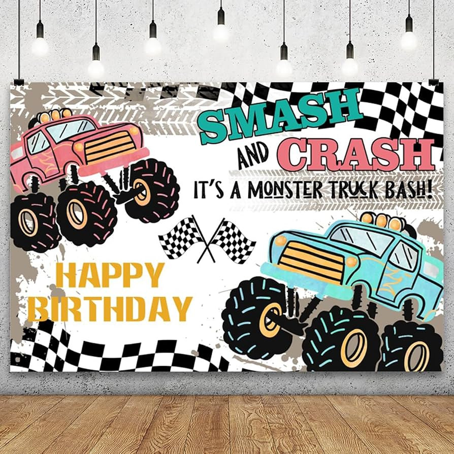 YongFoto Truck Racing Theme Happy Birthday Backdrop 5x3ft Smash and Crash It's a Monster Truck Ba... | Amazon (US)