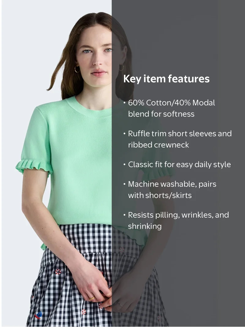 Free Assembly Women\u2019s Ruffle Trim Sweater with Short Sleeves, Lightweight, Sizes XS-XXL | Walmart (US)