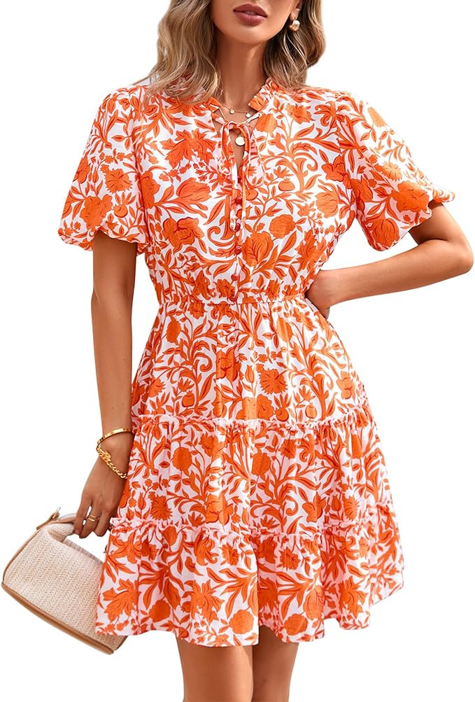 BTFBM Women Summer Floral Short Dresses V Neck Short Sleeve Tiered Ruffle Boho Swing Dress A-Line... | Amazon (US)