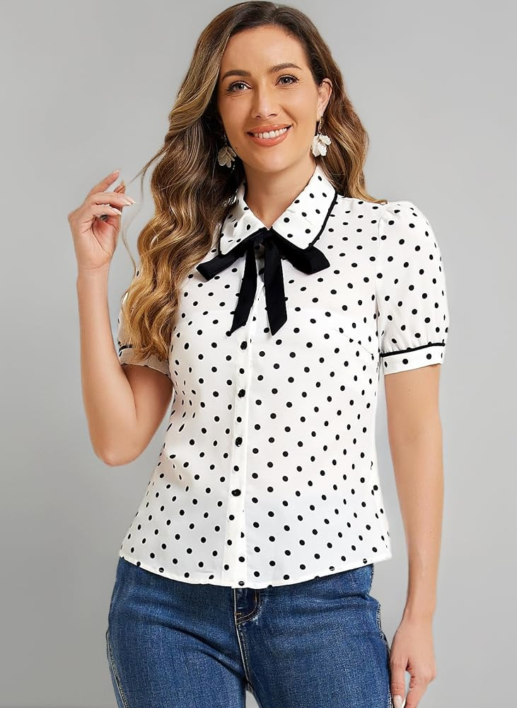 Allegra K Women's Polka Dots Peter Pan Collar Tie Neck Short Sleeve Shirt Top | Amazon (UK)