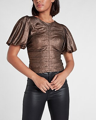 Metallic Shirred Front Puff Sleeve Top | Express