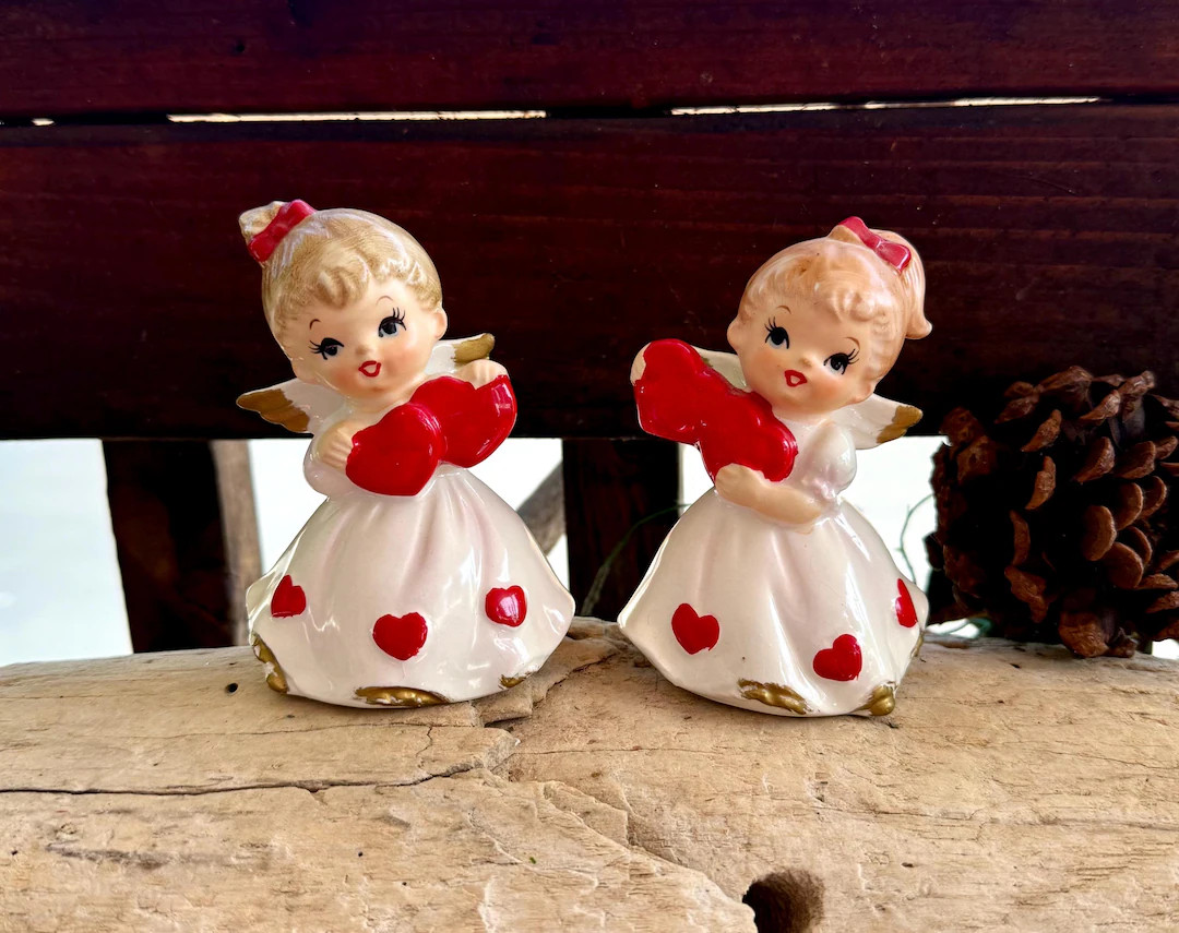 Vintage LEFTON Angel Valentine Ornament 1950 1960 MCM Retro Kitsch Angel Heart Ceramic Figurine A... | Etsy (US)