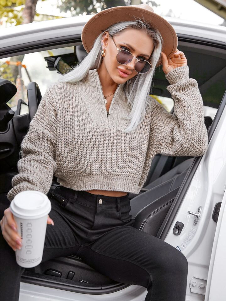 SHEIN LUNE Zip Half Placket Crop Sweater | SHEIN