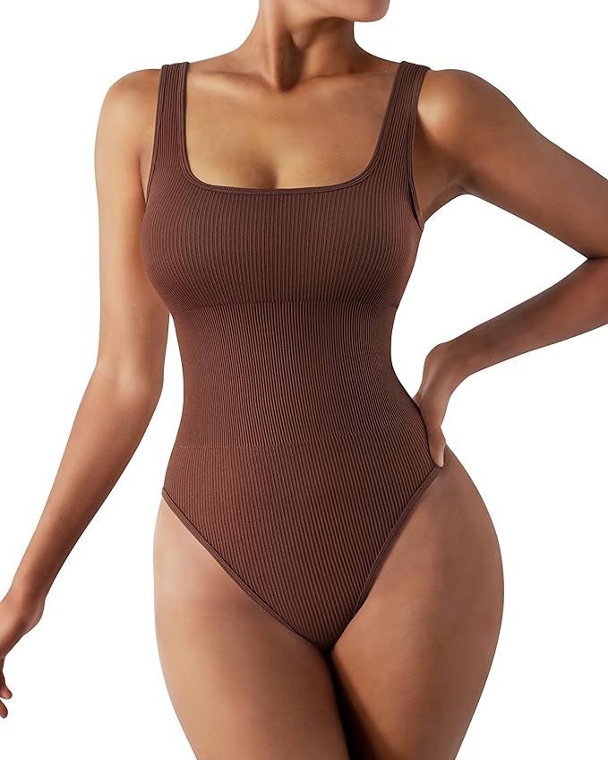 MOSHENGQI Women's Tank Ribbed Bodysuit Sexy Sleeveless Square Neck Bodysuit Top | Amazon (US)