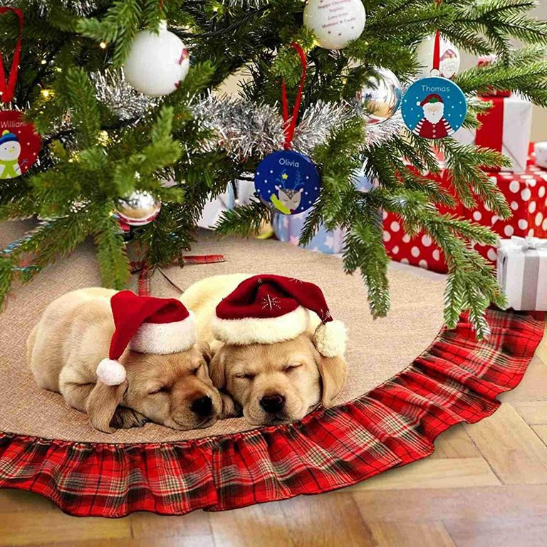 Christmas Tree Skirt Mat 48 Inch Rustic Burlap Tree Skirt with Red Black Plaid Ruffle Edge, Chris... | Walmart (US)