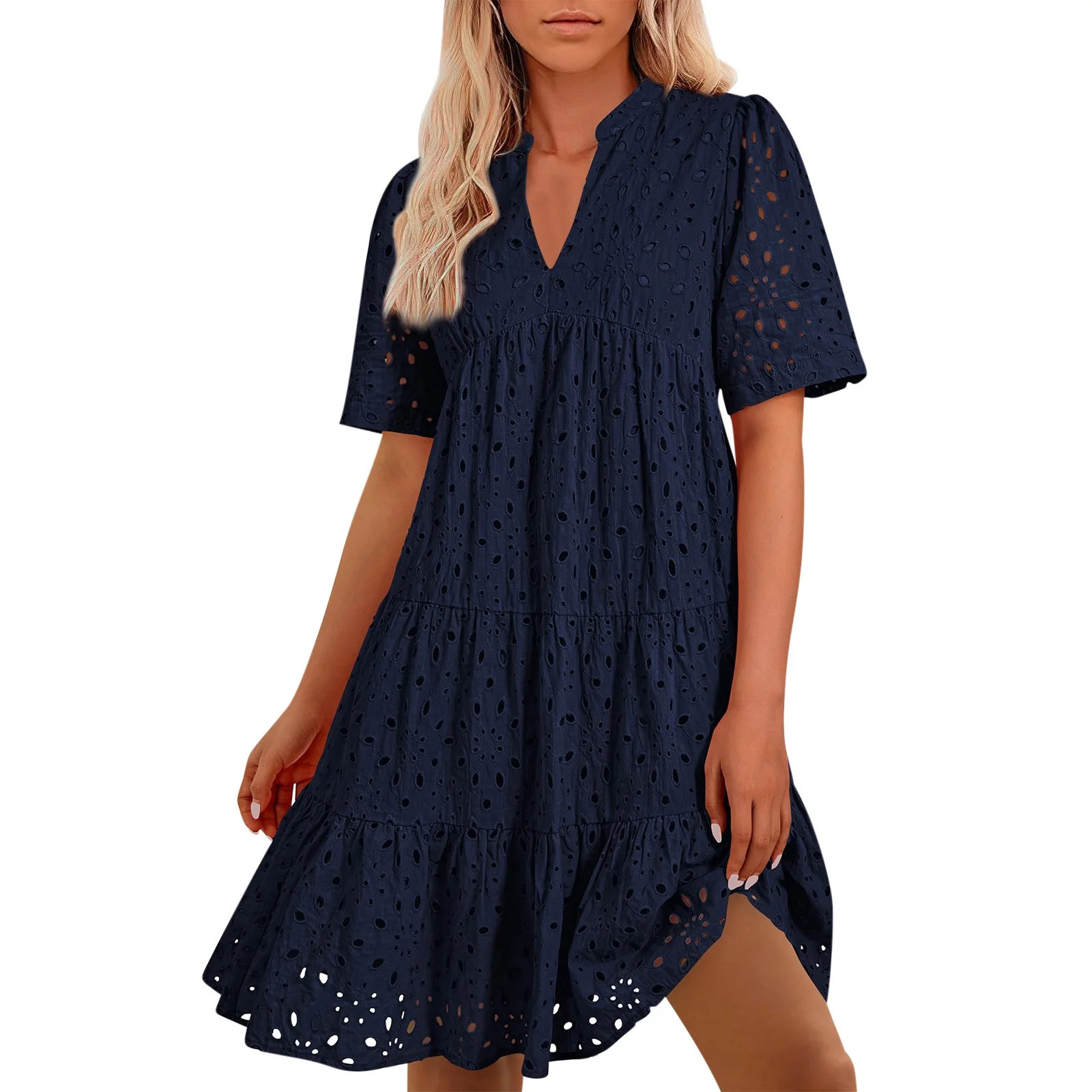 Chiccall Womens Summer Lace Ruffle Dresses Eyelet Casual Flowy V Neck Short Sleeve Tunic Dress Na... | Walmart (US)