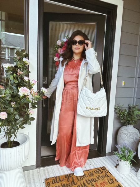 Dressy loungewear / postpartum outfit inspo / workwear / Easter outfit inspo not dress / casual wear / mom life / trench coat / new balance sneakers / upcycled Chanel necklace 

#LTKmidsize #LTKSeasonal #LTKworkwear