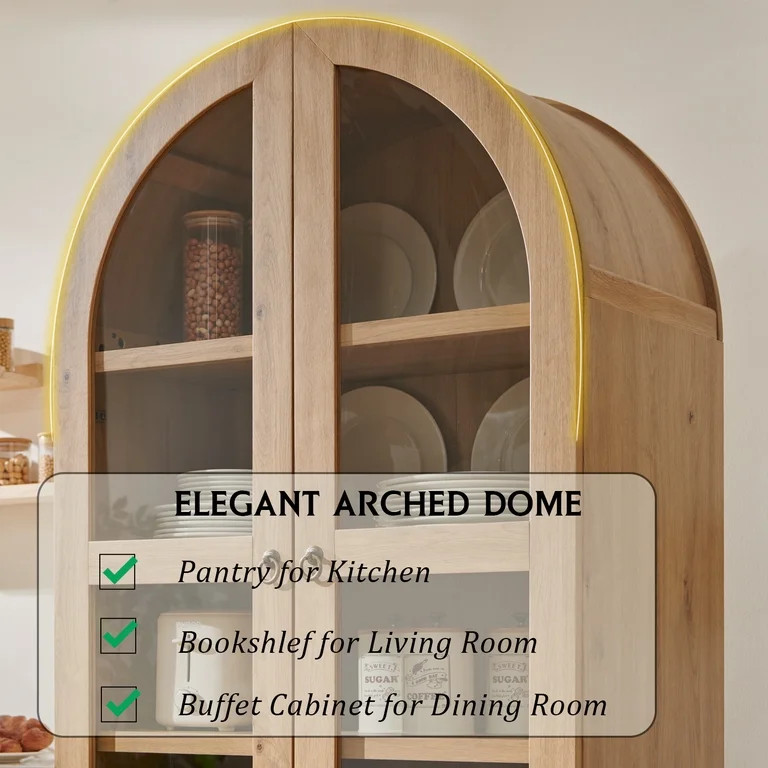 Aitjunz 71" Tall Arched Storage Cabinet with Glass Doors & 2 Drawers, Farmhouse Wood Pantry Cabin... | Walmart (US)