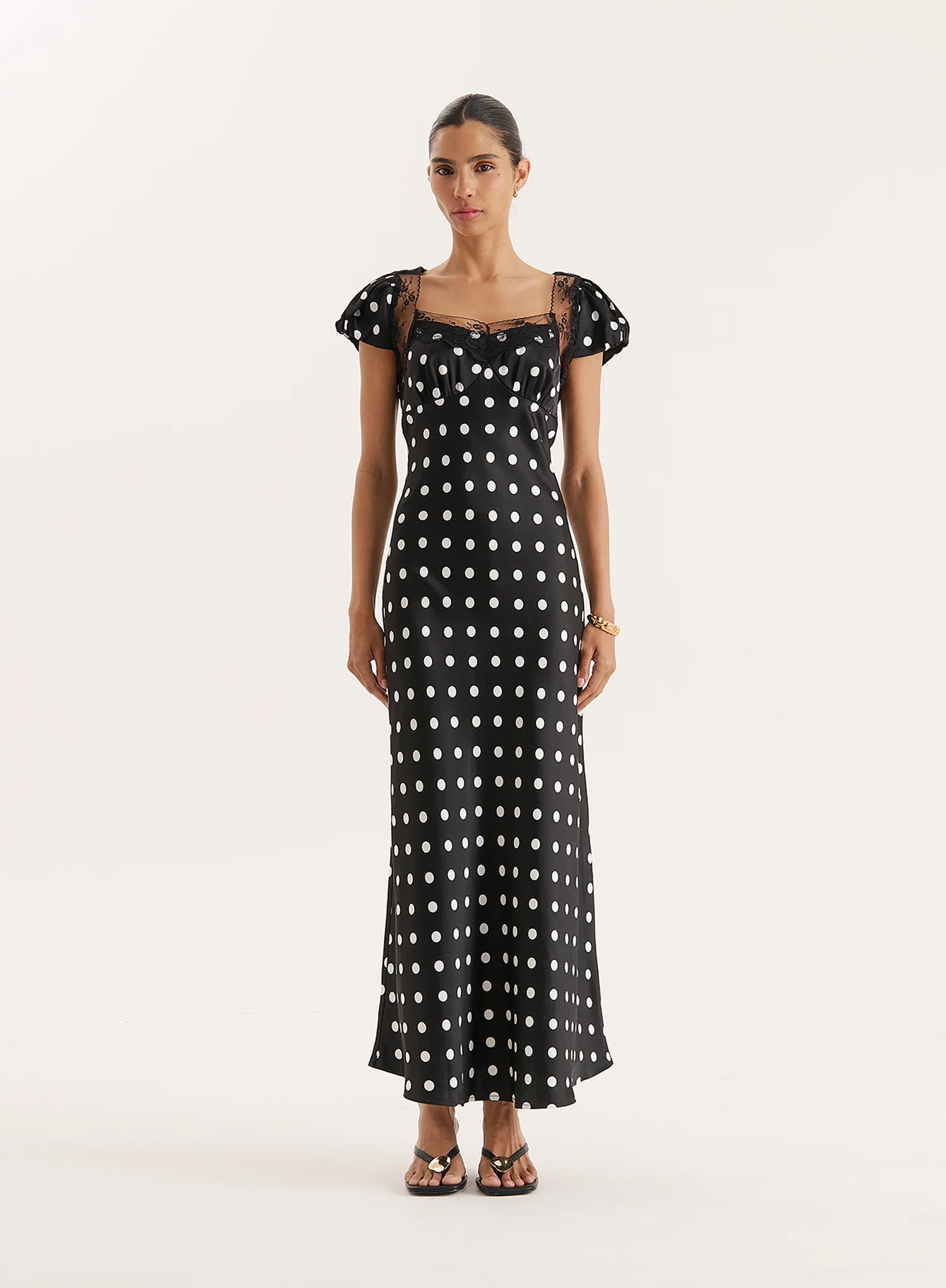 Black Polka Dot Print Satin Slip Maxi Dress- Sana | 4th & Reckless