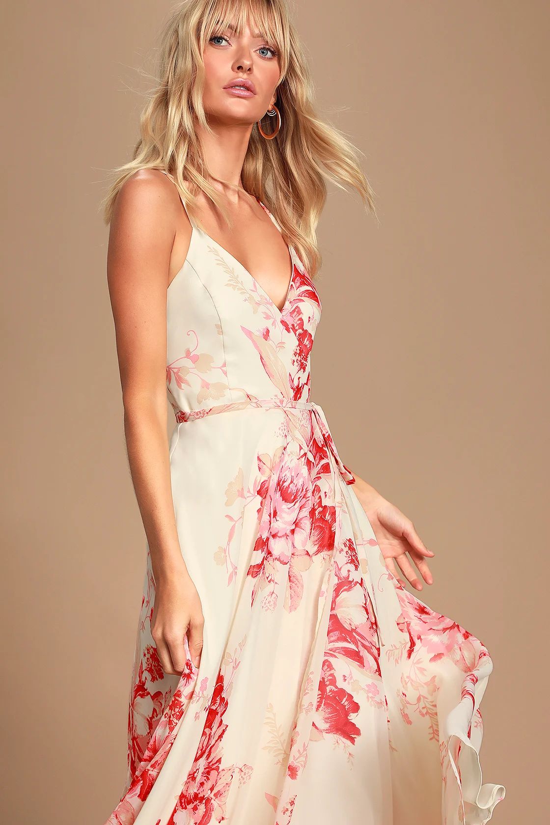 Elegantly Inclined Cream and Coral Floral Print Wrap Maxi Dress | Lulus (US)