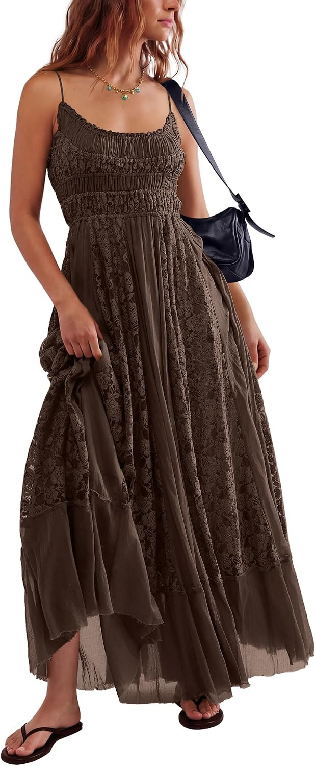 Gacaky Summer Dress for Women Casual Lace Floral Embroidered Bohemian Maxi Dress Flowy A Line Beach Long Dresses | Amazon (US)