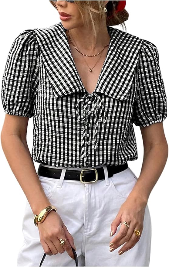 GORGLITTER Women's Puff Short Sleeve Gingham Top Blouses Dressy Casual | Amazon (US)