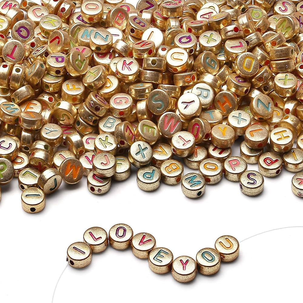 LAIDANLA 1500PCS Acrylic Letter Beads Alphabet Colorful Letters Gold Round Bead 7×4mm for Jewelr... | Amazon (US)