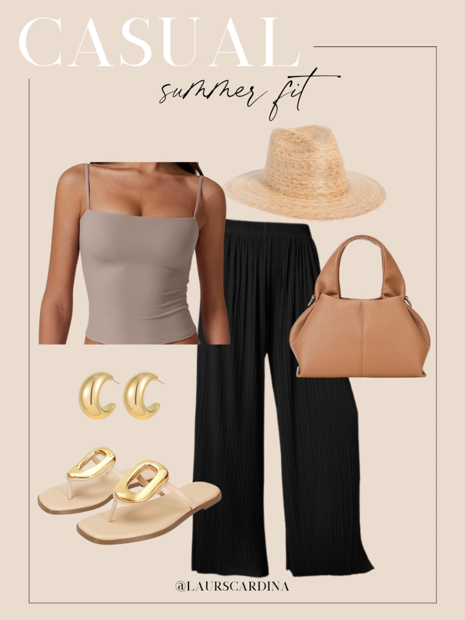 This casual summer fit includes a tan tank top paired with black wide-leg pants, a straw hat, neutral tote purse, gold hoop earrings, and sandals with gold buckles.

Ootd, summer outfit, casual outfit, spring style

#LTKStyleTip #LTKShoeCrush #LTKFindsUnder50