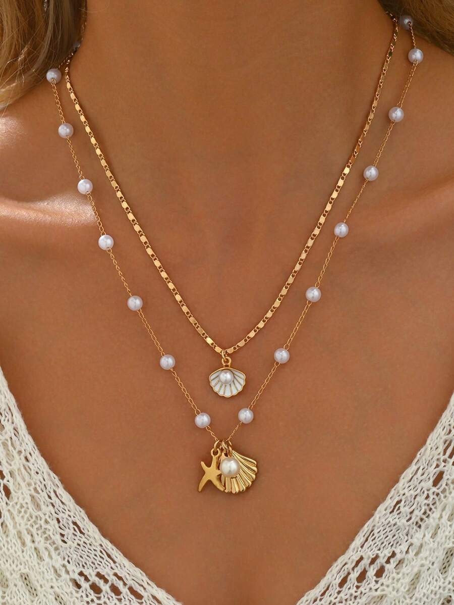 2pcs Beach Style Alloy Faux Pearl & Shell Pendant Necklace Set, Adjustable Chain Length, For Wome... | SHEIN